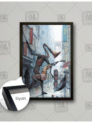 SML Tablo Yağmur Altında Dans Eden Müzik Aletleri Dekor Müzik Aşkı Love Sanat Dikey Çerçeveli Kanvas Tablo