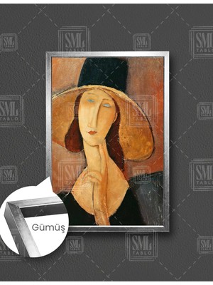 SML Tablo Jeanne Hebuterne Siyah Şapkalı Kadın Dikey Çerçeveli Kanvas Tablo