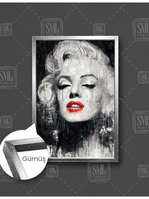 SML Tablo Marilyn Monroe Siyah Beyaz Art Kırmızı Ruj Güzellik Nostalji Dekoratif Dikey Çerçeveli Kanvas Tablo