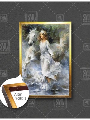 SML Tablo Dalgalar Içinde Koşan Beyaz Elbiseli Kadın ve Atı Soyut Manzara Sahil Dikey Çerçeveli Kanvas Tablo