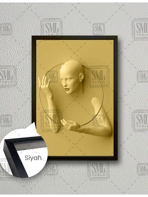 SML Tablo Altın Çember Tutmuş Kadın Heykel Gold Dekor Dikey Çerçeveli Kanvas Tablo