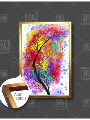 SML Tablo Gökkuşağı Renkli Ağaç Dalı Doğa Manzara Ilüstrasyon Dikey Çerçeveli Kanvas Tablo