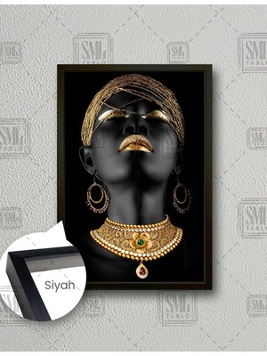 SML Tablo Gerdanlıklı Afrikalı Kadın Altın Dikey Çerçeveli Kanvas Tablo