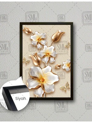 SML Tablo 3D Görünümlü Inci Kelebek Çiçek Modern Dekoratif Dikey Çerçeveli Kanvas Tablo