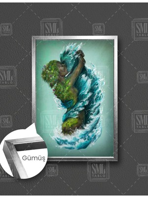 SML Tablo Sarılan Doğa Kadın Öpücük Deniz Su Dikey Çerçeveli Kanvas Tablo