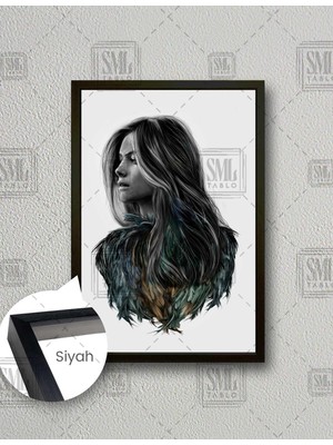 SML Tablo Kuş Kanadı Saçlı Kadın Model Woman Dikey Çerçeveli Kanvas Tablo