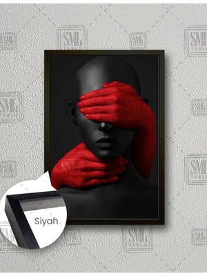 SML Tablo Gözleri Kapalı Afrikalı Kadın Kırmızı Eldiven Woman Dikey Çerçeveli Kanvas Tablo