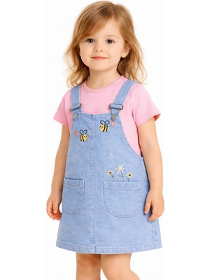 Dinamik çocuk Kız Bebek Arı Nakışlı Kot Görünümlü Jile Elbise + Basic Pamuk T-Shirt 2'li Takım 6-9-12-18-24 Aylık