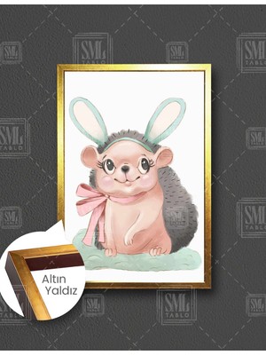 SML Tablo Mavi Yeşil Kulaklı Yavru Kirpi Çizgi Film Karakteri Çocuk Odası Dekor Dikey Çerçeveli Kanvas Tablo