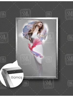 SML Tablo Balık Kadın Model Huzur Woman Dikey Çerçeveli Kanvas Tablo