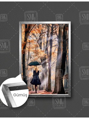 SML Tablo Orman Yolunda Yürüyen Siyah Elbiseli Şemsiyeli Kadın Doğa Manzara Dikey Çerçeveli Kanvas Tablo