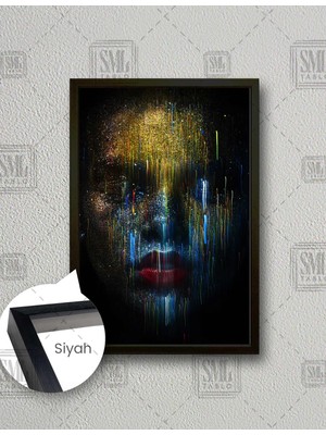 SML Tablo Kırmızı Dudaklı Kadın Simli Yüz Boya Makyaj Dekor Kadın Kuafö Dikey Çerçeveli Kanvas Tablo