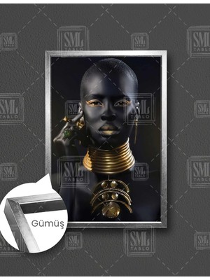 SML Tablo Afrikalı Altın Takılı Gerdanlık Gold Makyaj Kadın Model Dikey Çerçeveli Kanvas Tablo
