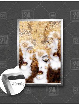 SML Tablo Gözleri Kapalı Altın Işlemeli Mermer Kadınlar Dekor Dikey Çerçeveli Kanvas Tablo