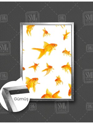 SML Tablo Yüzen Japon Balıkları Dikey Çerçeveli Kanvas Tablo