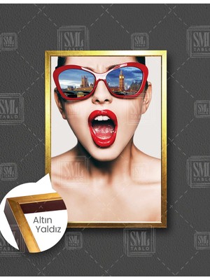 SML Tablo Kırmızı Rujlu Gözlüklü Kadın Model Retro Dikey Çerçeveli Kanvas Tablo