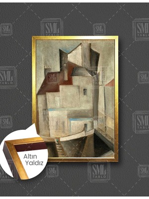 SML Tablo Kahverengi Soyut Şehir Ev Manzara Dekor Dikey Çerçeveli Kanvas Tablo