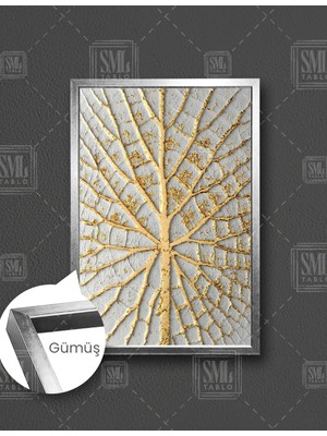 SML Tablo Altın Renkli Ağaç Yaprak Modern Dekoratif Gold Hayat Ağacı Dikey Çerçeveli Kanvas Tablo