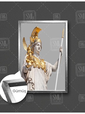 SML Tablo Altın Zırhlı Mızraklı Athena Adalet Tanrıçası Yunan Mitolojisi Dikey Çerçeveli Kanvas Tablo