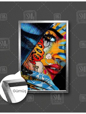 SML Tablo Graffiti Kadın Yüzü Çizim Model Şehir Dikey Çerçeveli Kanvas Tablo