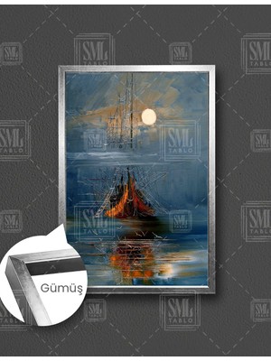 SML Tablo Ay Işığı Altındaki Yelkenli Gemi Deniz Bulutlar Doğa Manzara Dikey Çerçeveli Kanvas Tablo
