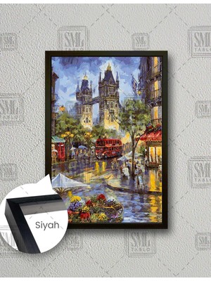 SML Tablo Soyut Şehir Retro Otobüs Manzara Kırmızı Telefon Kulube Londra Seyehat Dikey Çerçeveli Kanvas Tablo