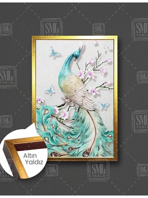 SML Tablo Mavi Yeşil Beyaz Tavus Kuşu Dikey Çerçeveli Kanvas Tablo