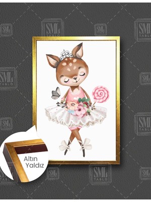 SML Tablo Elinde Çiçek Tutan Taçlı Ceylan Yavru Çizgi Karakteri Çocuk Odası Dekor Dikey Çerçeveli Kanvas Tablo