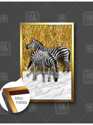 SML Tablo Altın Mermer Üzerinde Zebra Çifti Modern Sanat Hahyan Dekoratif Dikey Çerçeveli Kanvas Tablo