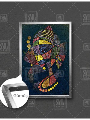 SML Tablo Afrikalı Kadın Soyut  Sürrealizm Mısır Kolye Renkli Takı Dikey Çerçeveli Kanvas Tablo