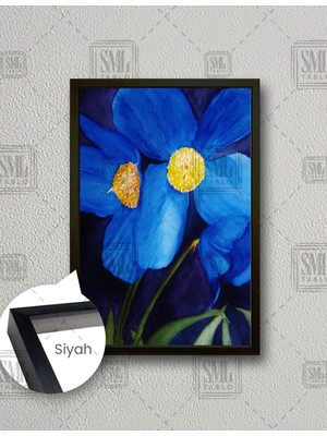 SML Tablo Mavi Çiçek Yağlı Boya Efektli Bitki Doğa Dikey Çerçeveli Kanvas Tablo