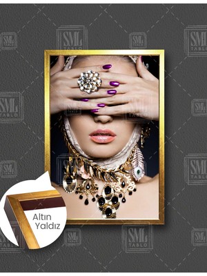 SML Tablo Gözü Kapalı Kadın Model Makyaj Altın Takı Gold Dikey Çerçeveli Kanvas Tablo