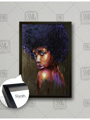 SML Tablo CT1010810 Kırmızı Rujlu Kıvırcık Saçlı Afrikalı Kadın Yağlı Boya Efektli Dikey Çerçeveli Kanvas Tablo