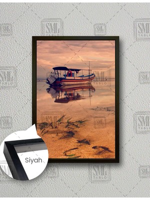 SML Tablo Kumsal Tekne Sandal Deniz Sahil Manzara Dikey Çerçeveli Kanvas Tablo