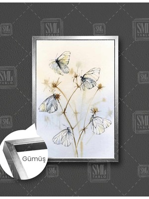 SML Tablo Çiçeğe Konmuş Kelebekler Dekoratif Hayvan Manzara Doğa Dikey Çerçeveli Kanvas Tablo