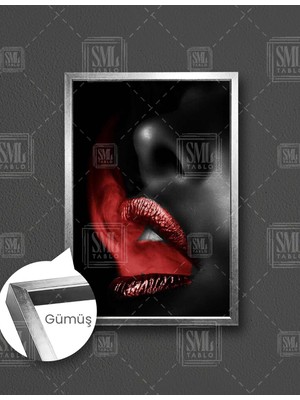 SML Tablo Ağzından Duman Çıkan Kırmızı Rujlu Kadın Makyaj Dekor Dikey Çerçeveli Kanvas Tablo