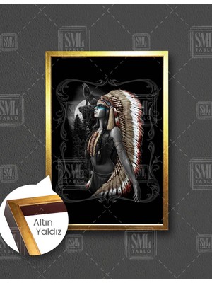 SML Tablo Kızıl Derili Kadın Kurt Doğa Etnik Kıyafet Dikey Çerçeveli Kanvas Tablo