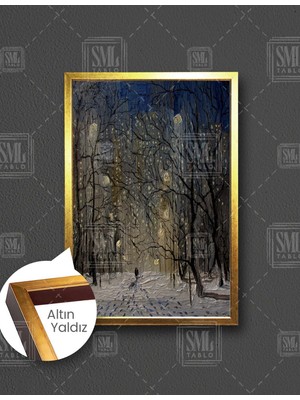 SML Tablo Gece Karda Yürüyen Çift Ayak Izleri Yağlı Boya Efektli Manzara Dekor Dikey Çerçeveli Kanvas Tablo