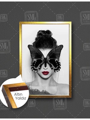 SML Tablo Kelebek Suratlı Kadın Model Kırmızı Ruj Maske Dikey Çerçeveli Kanvas Tablo