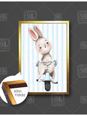 SML Tablo Bisikletli Tavşan Yavrusu Çizgi Film Karakteri Çocuk Odası Dekor Dikey Çerçeveli Kanvas Tablo