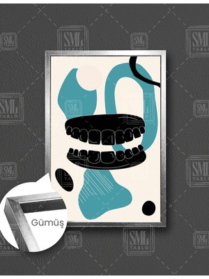 SML Tablo Diş Hekimi Odası Dekor Turkuaz Siyah Damak Diş Ağız Sağlığı Büro Dekor Dikey Çerçeveli Kanvas Tablo