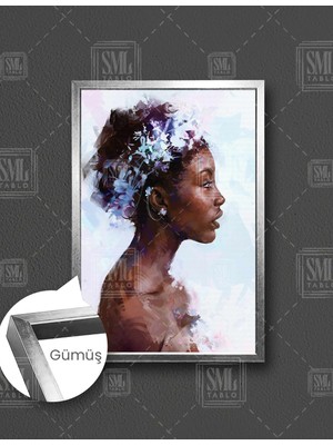 SML Tablo Afrikalı Kadın Çiçek Taçlı Woman Art Dekratif Ilüstrasyon Dikey Çerçeveli Kanvas Tablo