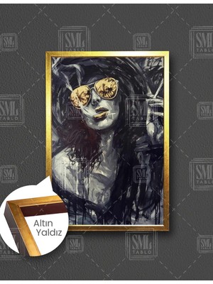 SML Tablo Sigara Içen Altın Gözlüklü Kadın Siyah Şapka Woman Duman Art Sanat Dikey Çerçeveli Kanvas Tablo