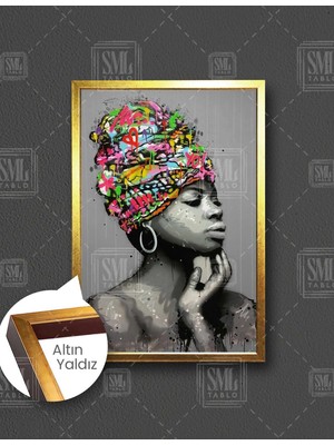 SML Tablo Sokak Sanatı Afrikalı Kadın Etnik African Woman Graffiti Dikey Çerçeveli Kanvas Tablo