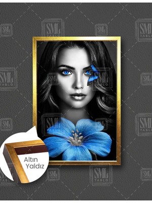 SML Tablo Mavi Gözlü Saçında Kelebek Olan Çiçek Kadın Woman Makyaj Dekor Dikey Çerçeveli Kanvas Tablo