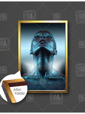 SML Tablo Sim Makyajlı Gözü Kapalı Kadın Model Parıltı Dikey Çerçeveli Kanvas Tablo