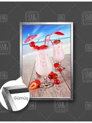 SML Tablo Çilekli Kokteyl Tatil Sahil Dikey Çerçeveli Kanvas Tablo