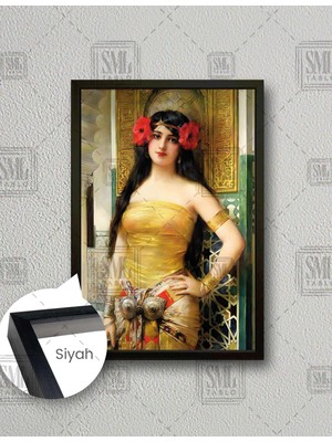 SML Tablo Osmanlı Harem Güzeli Kırmızı Çiçek Tokalı Çingene Kız Dikey Çerçeveli Kanvas Tablo