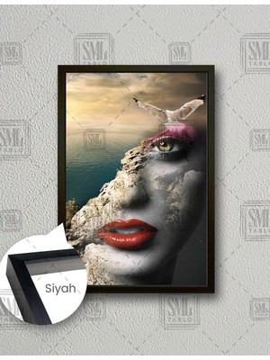 SML Tablo Doğa Yüzlü Kadın Illüstrasyon Kırmızı Ruj Manzara Dikey Çerçeveli Kanvas Tablo