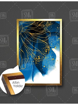 SML Tablo Altın Dokulu Mavi Çiçek Soyut Lüks Sanat Dikey Çerçeveli Kanvas Tablo